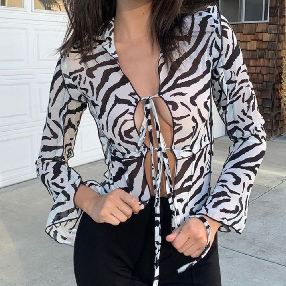Open front tie zebra blouse